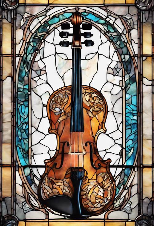 Representação artística em vitral de um violino esculpido de forma complexa.