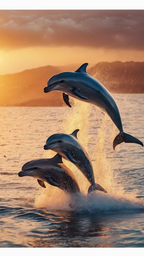 Playful dolphins jumping out of the sparkling sea, racing a beautiful sunset.