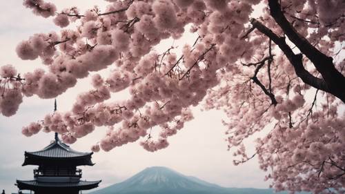 Uma delicada cerejeira em flor contra a silhueta de um pagode tradicional japonês.