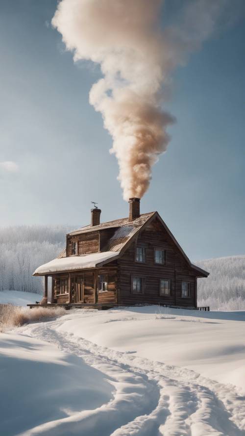 An isolated rustic house located in a snowy wintry landscape, a trail of smoke erupting from the chimney indicating a warm fire inside.