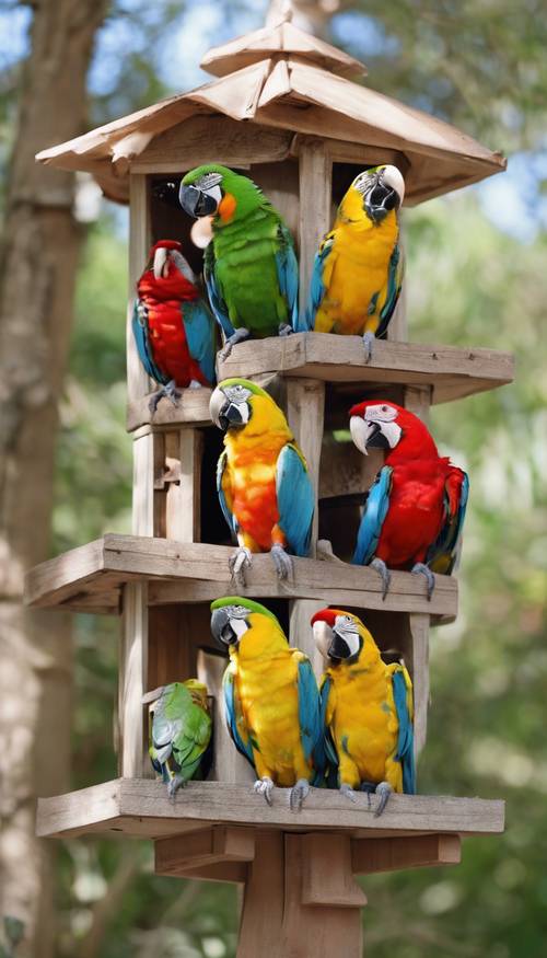 An image of a group of colorful parrots chatting and squawking in a sunny birdhouse.