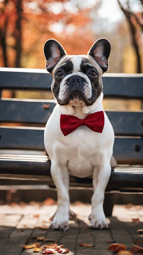 A Brindle French bulldog, dressed in a white sweater and red bow tie, sitting on a campus bench.