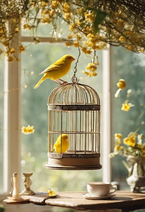 Burung kenari kuning yang ceria beterbangan dan berkicau di sekitar sangkar burung antik yang terletak di sudut sarapan yang cerah.