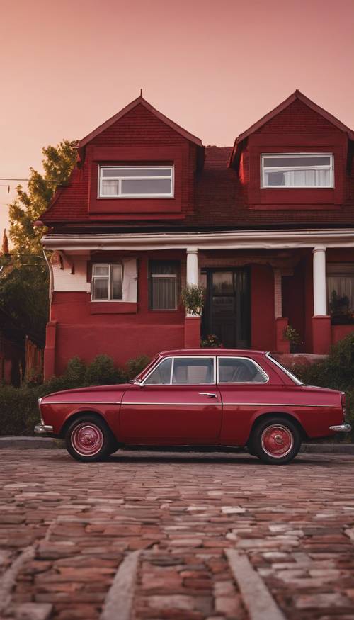 Автомобиль рубинового цвета, припаркованный перед кирпично-красным домом на закате.