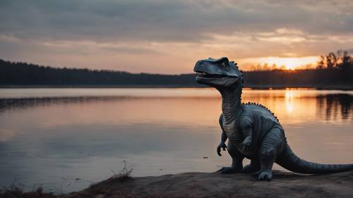 Un dinosaure gris assis calmement, regardant le coucher de soleil sur un lac placide.
