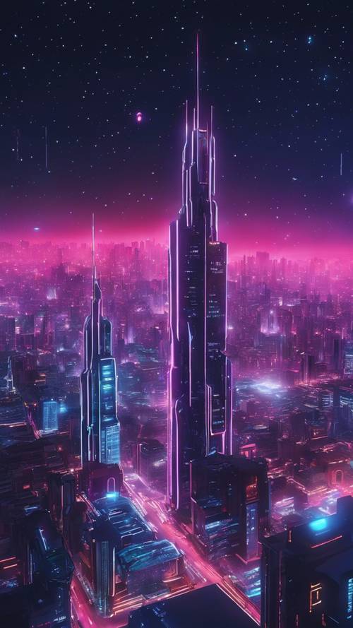 Uma paisagem urbana futurista iluminada com luzes de neon sob um céu estrelado