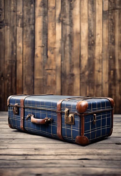 กระเป๋าเดินทางลายสก๊อตสีกรมท่าสไตล์วินเทจนั่งอยู่บนพื้นไม้โบราณโดยมีฉากหลังแบบชนบท