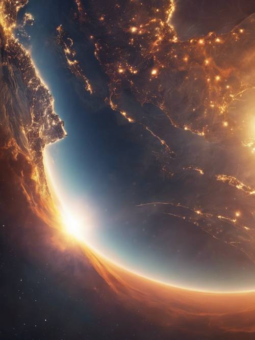 A spectacular display of sunrise as seen from space, with the Earth’s curved horizon visible.