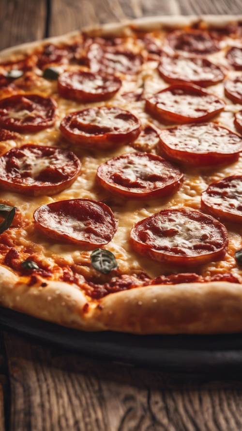Uma pizza de pepperoni com queijo recém saída do forno sobre uma mesa de madeira.