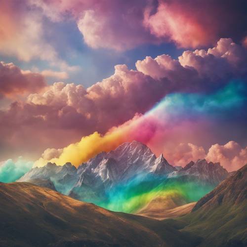 Uma imagem surreal representando uma cordilheira envolta em nuvens com as cores do arco-íris.