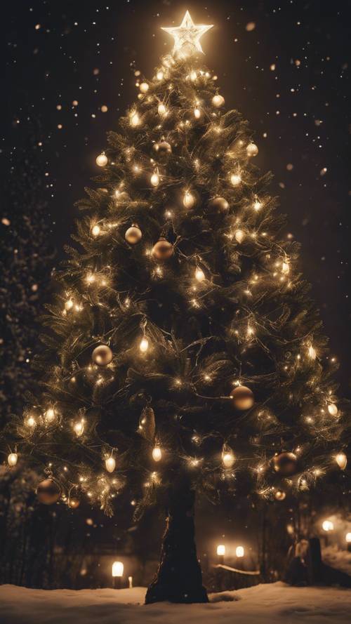 Uma árvore de Natal lindamente decorada e alta em uma noite de inverno enluarada.