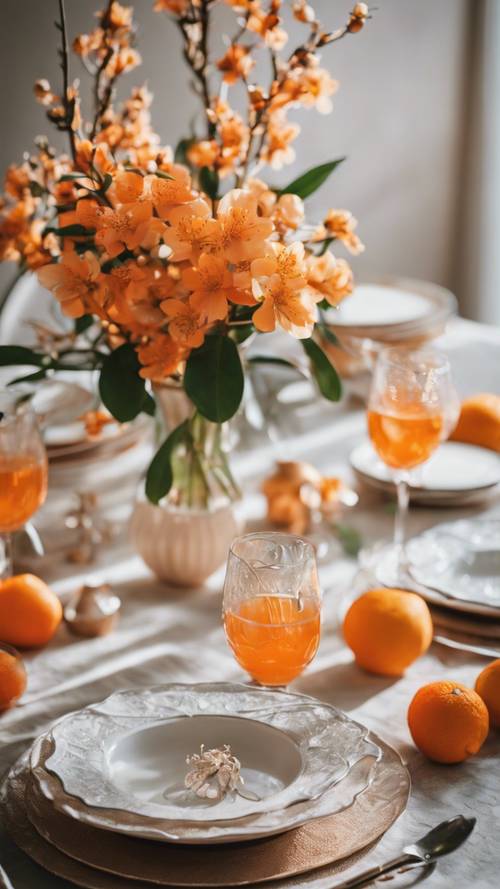 봄을 맞아 화사한 오렌지 꽃을 센터피스로 장식한 우아한 테이블 세트입니다.