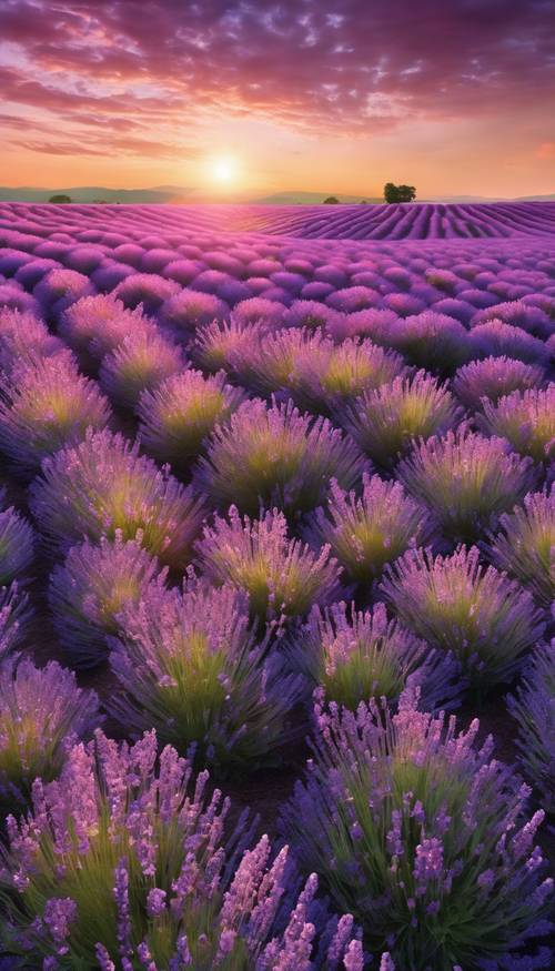 Лавандовое поле в разгар цветения под ярким закатным небом, придающее ландшафту фиолетовый оттенок. Обои [e8740ae2da2343ec91c5]