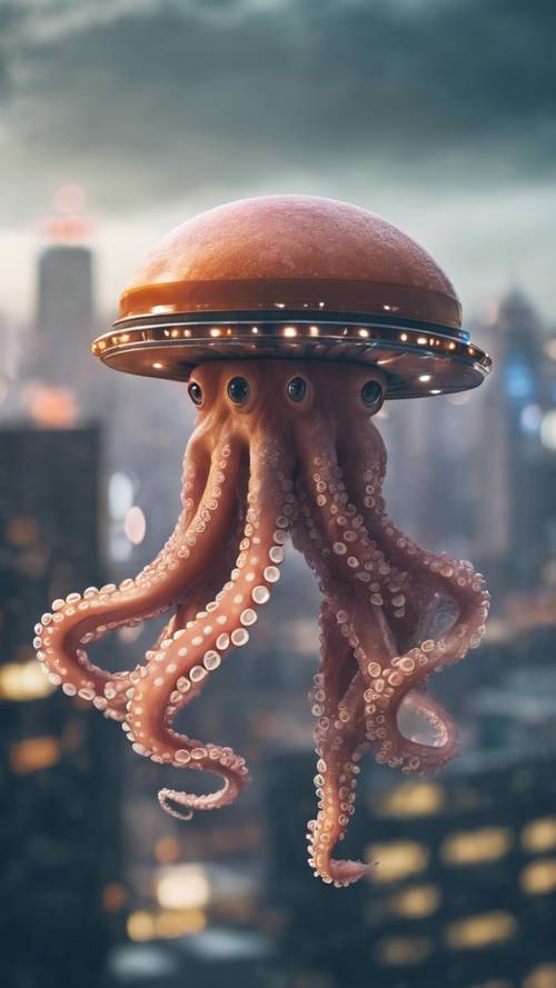 A UFO-like octopus with glowing tentacles hovering above the city skyline. Tapeta [b8c8ab39d89346bfb9bb]
