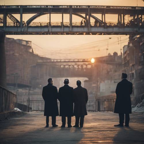 A solemn mafia meeting at dusk under a bridge, hidden from the world.