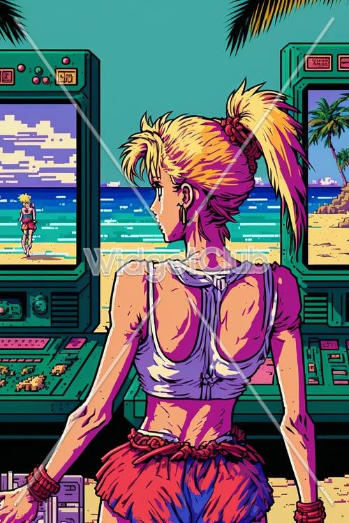 Vibrant Beach Sunset and Retro Gaming Vibes Ფონი[c40a7a3699b0441ea150]