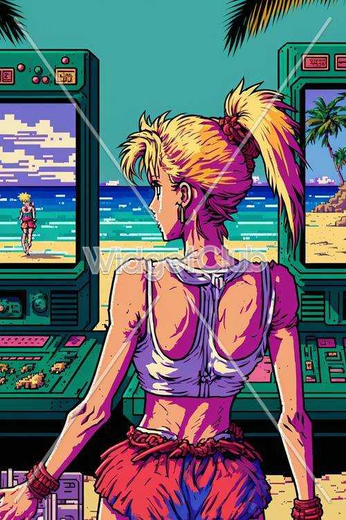 Vibrant Beach Sunset and Retro Gaming Vibes