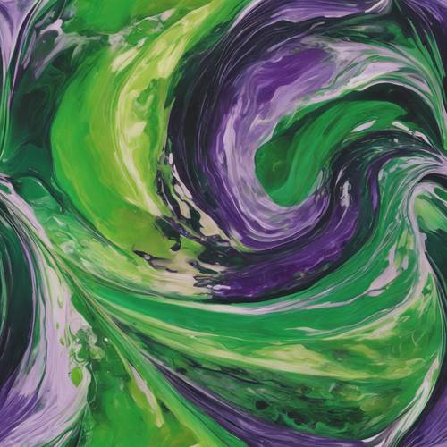 An abstract painting featuring swirling green and purple hues.