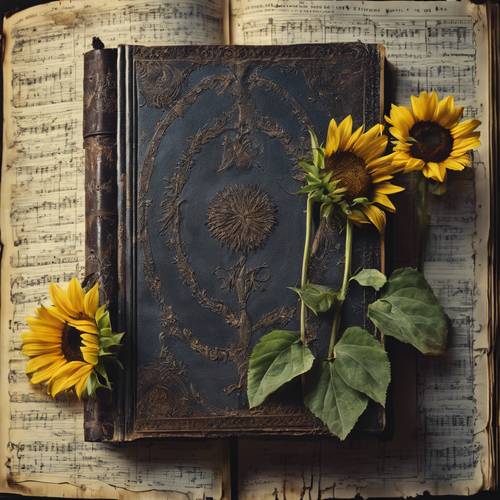 Bunga matahari gelap menghiasi sampul buku harian kuno yang compang-camping.