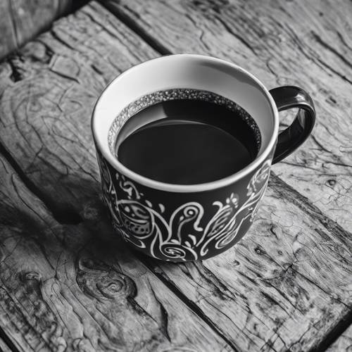 Uma caneca de café preta e branca com estampa Paisley cheia de café quente, colocada sobre uma mesa de madeira.