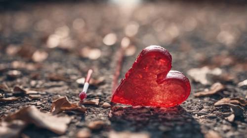 A heart-shaped lollipop that has been smashed on the ground.