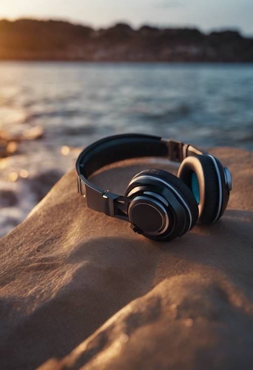 „Kopfhörer in der Abenddämmerung mit einem wunderschönen Meer im Hintergrund.“