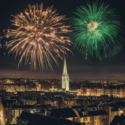 St. Patrick's Day fireworks illuminating the night sky over Dublin's cityscape.