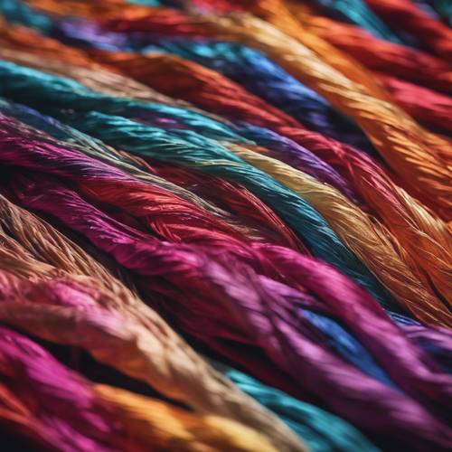 Um padrão abstrato de fios de seda multicoloridos, que parecem dançar como uma chama colorida sob uma luz artificial.