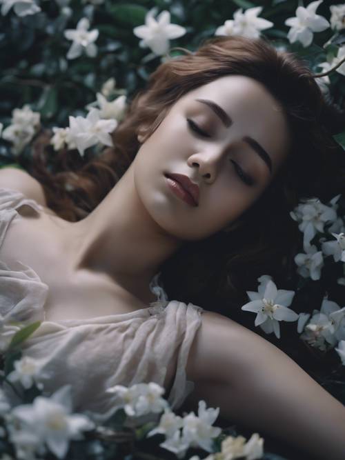 Une nymphe sombre et éthérée allongée sur un lit de jasmin en fleurs nocturnes.