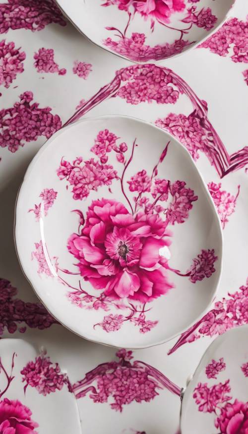 ヴィンテージ風の白い磁器皿に濃いピンクの花柄が描かれた壁紙