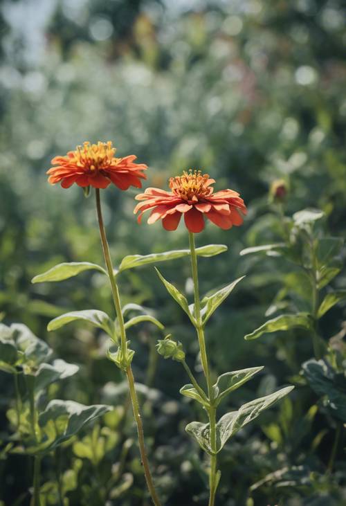 A zinnia growing tall and strong amidst weeds, standing out. Tapet [9e7c6522e48045e99776]