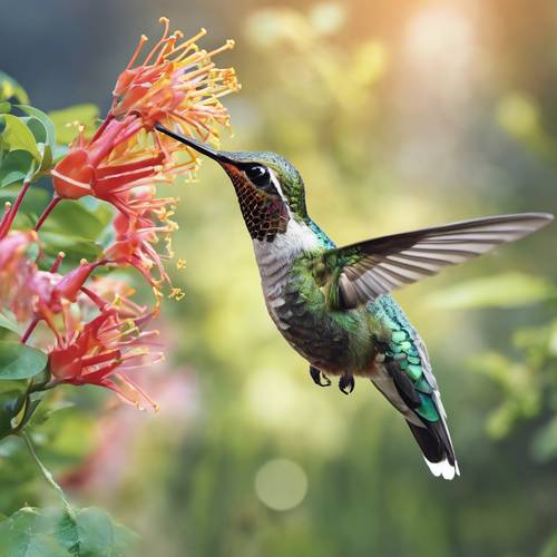 A lively hummingbird feeding frantically from the nectar of a patch of honeysuckle.