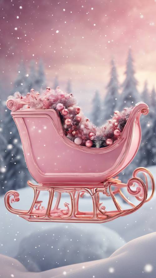 A whimsical pink Christmas sleigh flying high in the snowy sky.