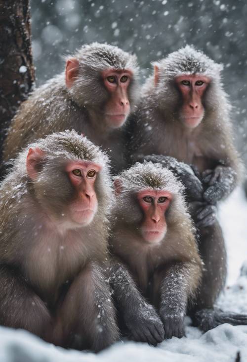 A group of macaques huddling for warmth during a snowfall in a dense, wintery forest.