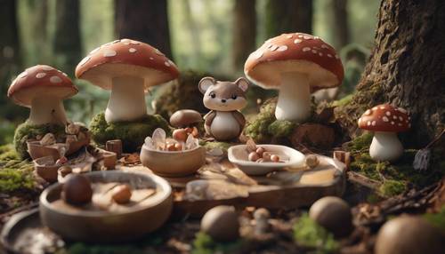 A magical feast of kawaii woodland creatures, complete with mushroom tables and acorn bowls