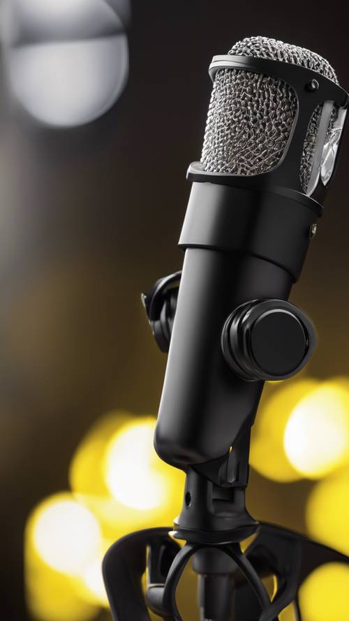 Um elegante microfone para jogos em preto, contrastando com um fundo amarelo vivo.