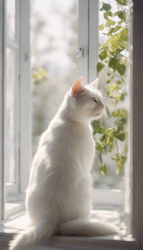 Açık bir pencereden içeri sızan bahar güneşinin tadını çıkaran bembeyaz bir kedi, minimalist ve dingin bir oda.