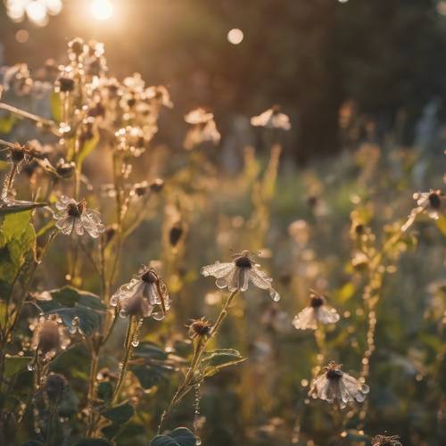 A rustic, cottagecore garden at sunrise, glistening with dew and singing with the soft hum of bees. Tapeta [50d933ceb1d24a6b9a64]