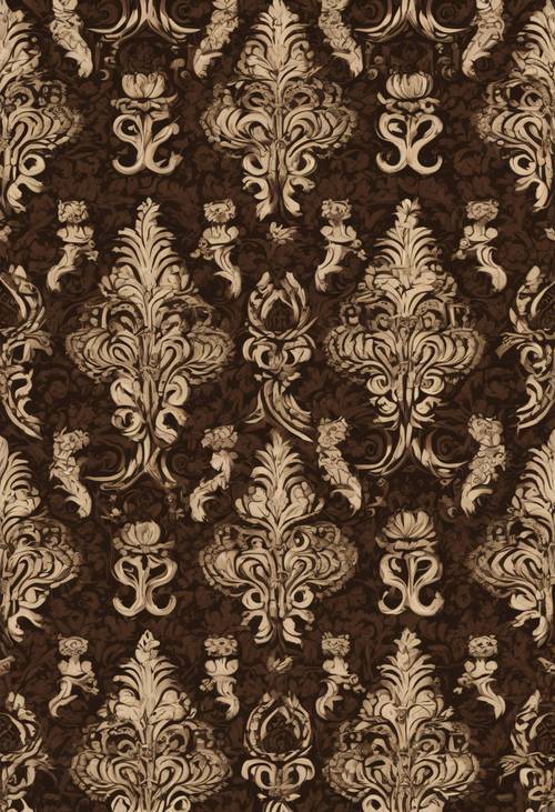 Un rico patrón de damasco de color marrón oscuro con intrincados elementos de diseño, perfectamente teselado para crear un telón de fondo ambiental.