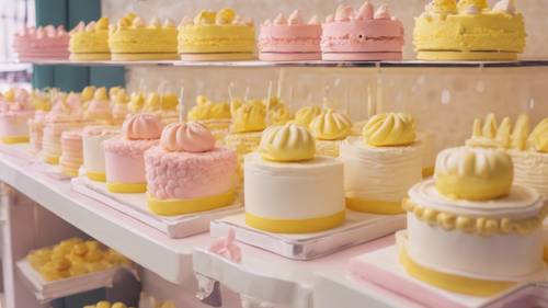 Pâtisserie d&#39;inspiration kawaii présentant une sélection de desserts jaune pastel.