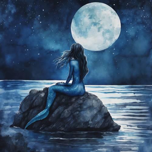 Blue watercolor image of a mermaid sitting on a rock under moonlight.