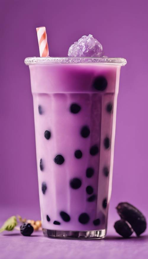 具有紫芋头口味的冰凉珍珠奶茶的超现实图像。