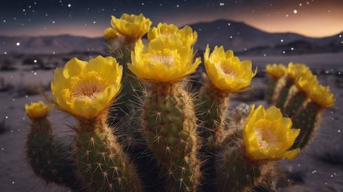 Eine blühende Kaktusblüte in der Wüste mit leuchtend gelben Blütenblättern, die einen Kontrast zu einer klaren, sternenklaren Nacht bilden.