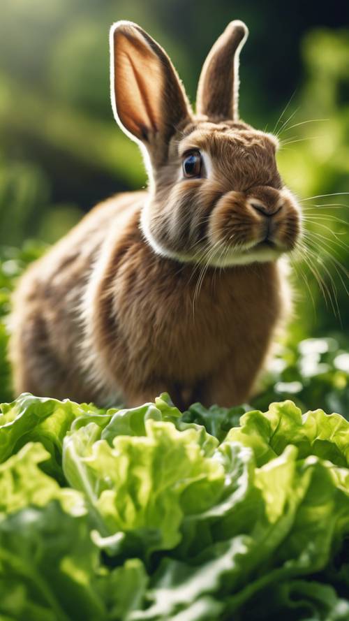 A cute brown rabbit nibbling on fresh green lettuce in a sunlit garden.