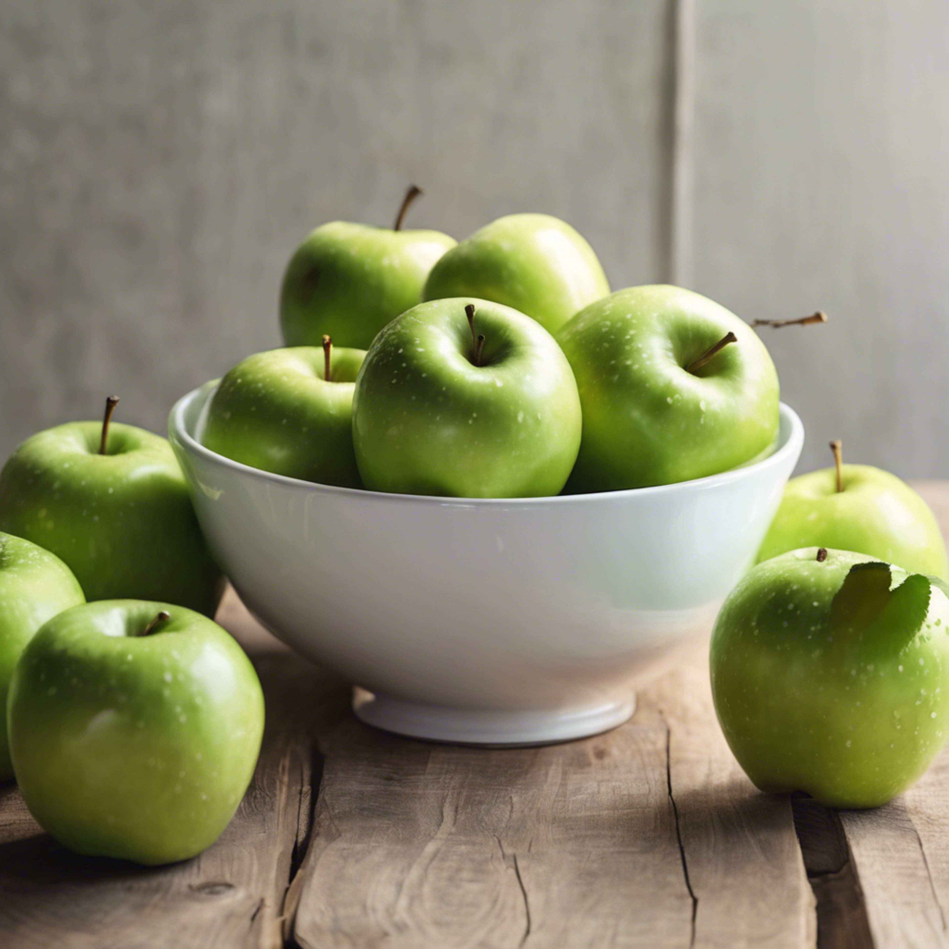 Green apples in a white ceramic bowl on a wooden table. Wallpaper[feabce122cbe4d2eb232]