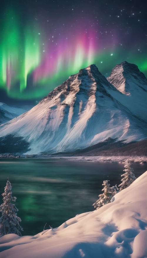 Northern lights dancing elegantly over a snow-clad mountain.
