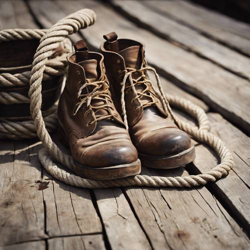 A pair of old sailor's boots nestled beside an overturned bucket and coiled rope on a wooden deck.