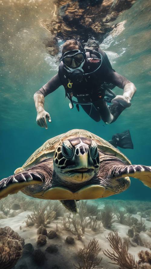 Una gran tortuga marina con un buzo acariciando su caparazón en las profundidades del mar.