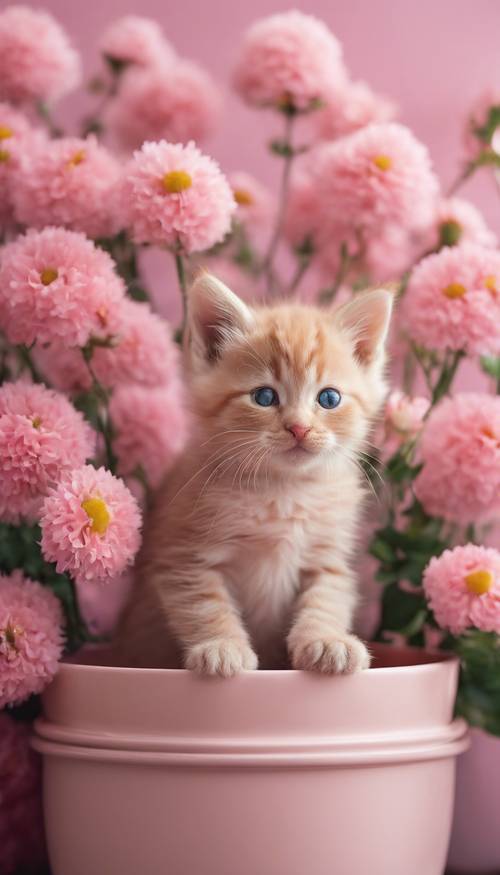 一只可爱的粉红小猫坐在一盆粉红色的花里”。