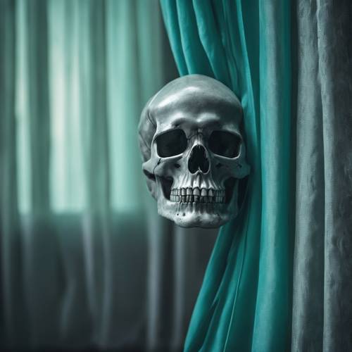 Ein mysteriöser grauer Totenkopf, halb versteckt hinter einem aquamarinfarbenen Vorhang.